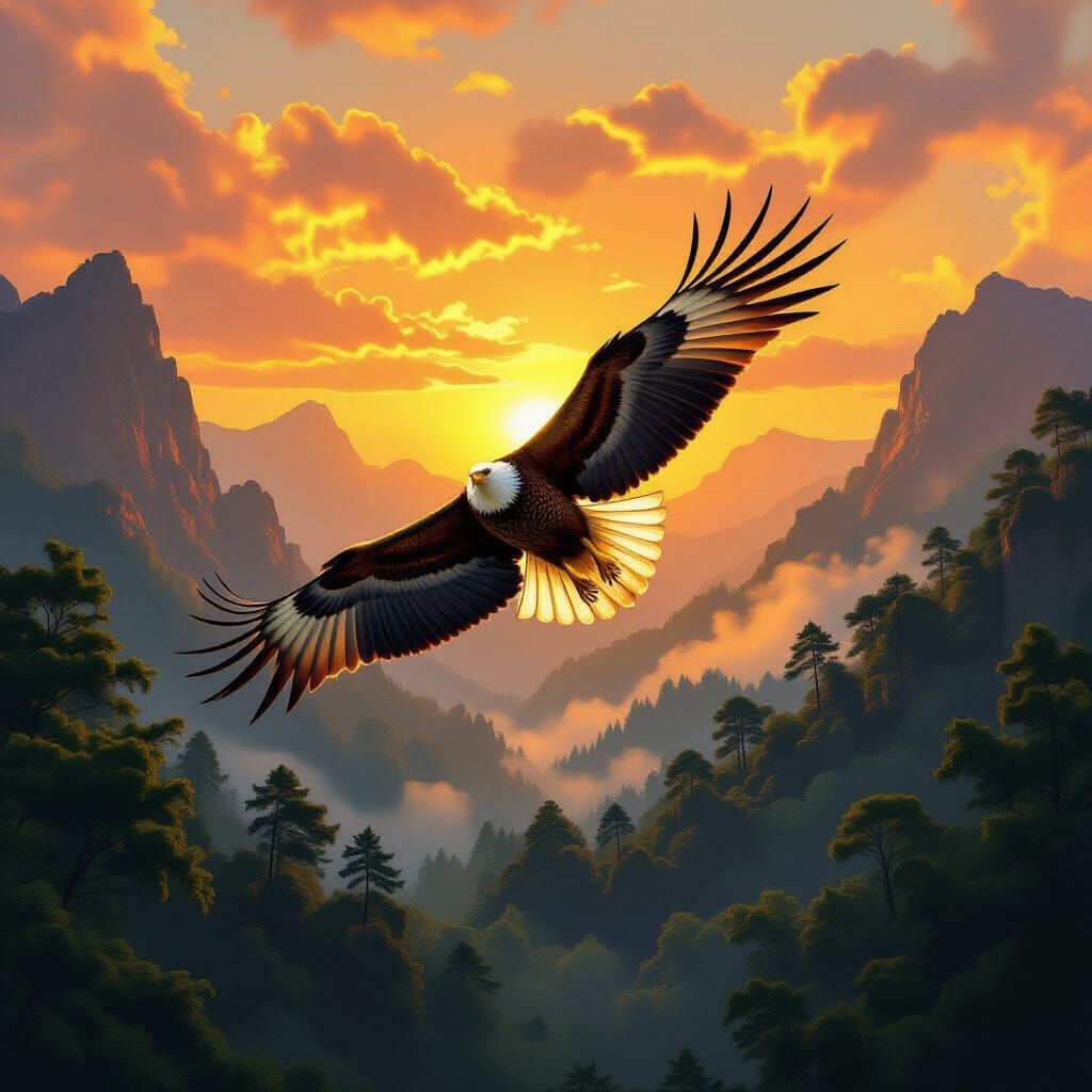 Eagle Soaring Over Sunset Forest Landscape