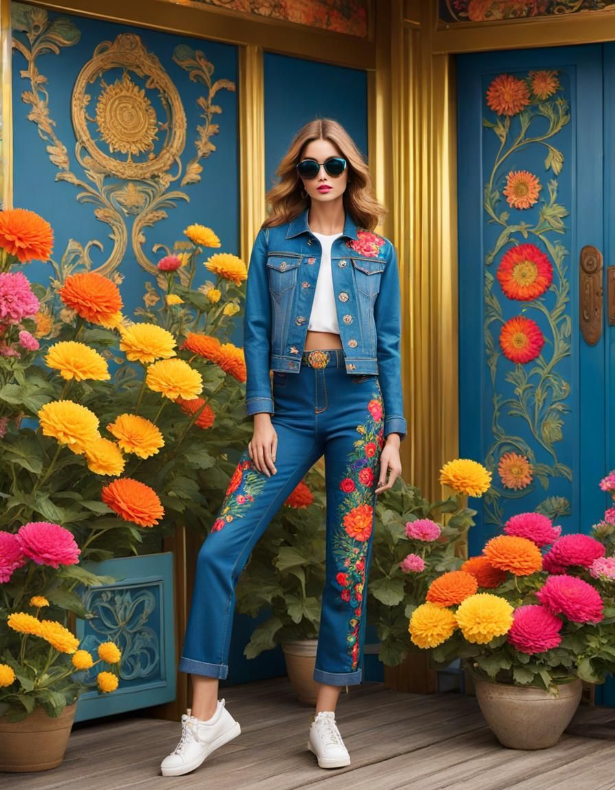 High Fashion Model in Embroidered Denim Outfit