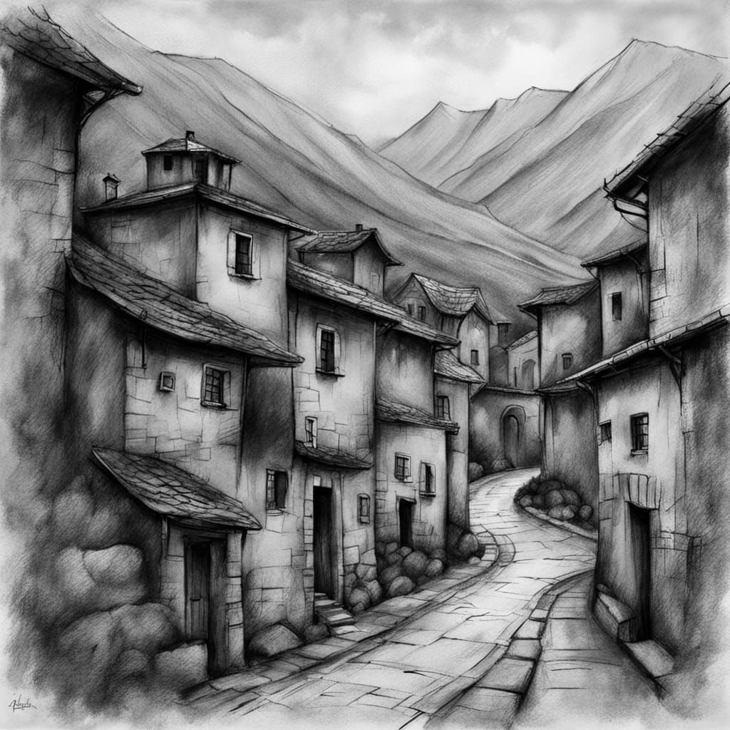 Romantic Mountain Village Charcoal Sketch