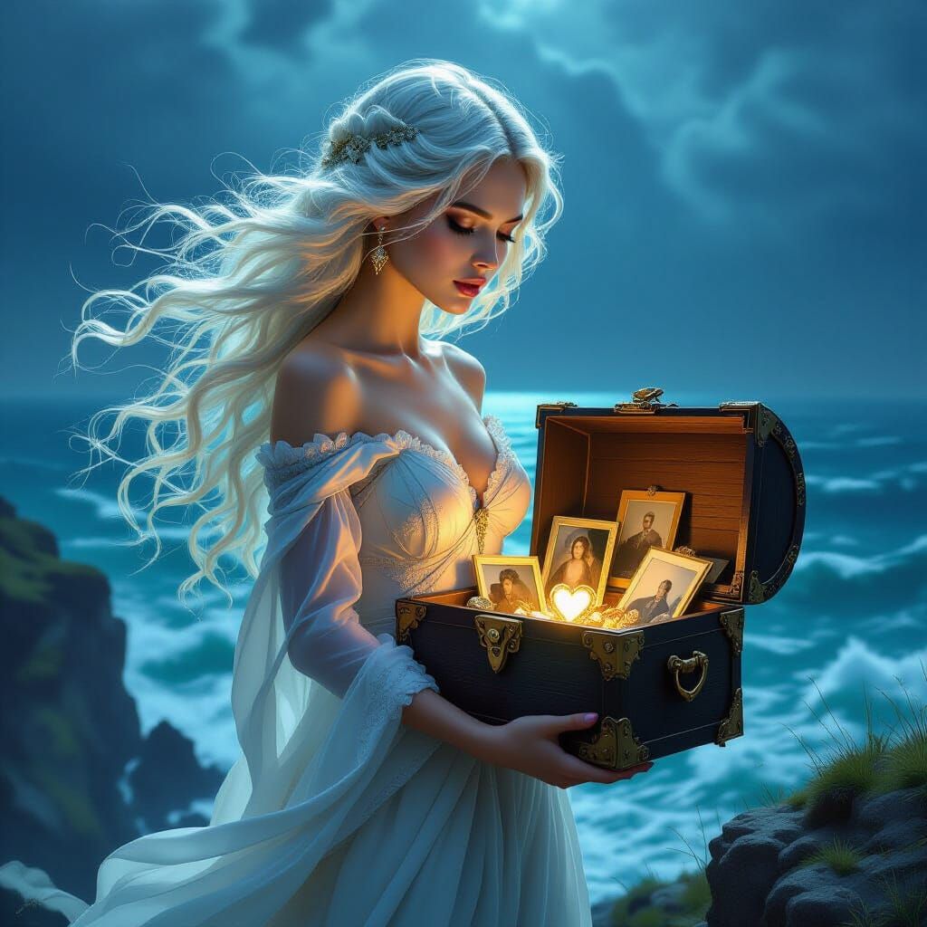 Ethereal Woman with Treasure Chest Overlooking Stormy Sea