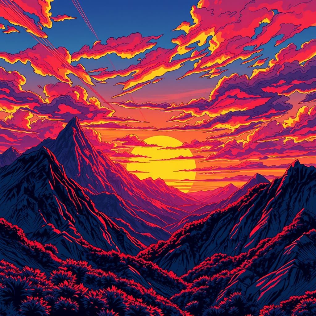 Vibrant Anime-Inspired Sunset Over Majestic Mountains