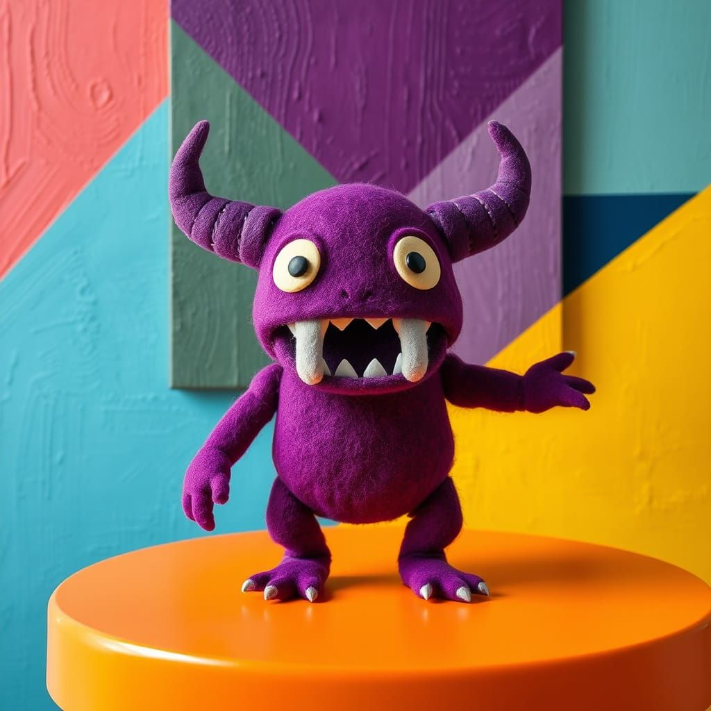Cuddly Purple Monster on Orange Table with Colorful Wall