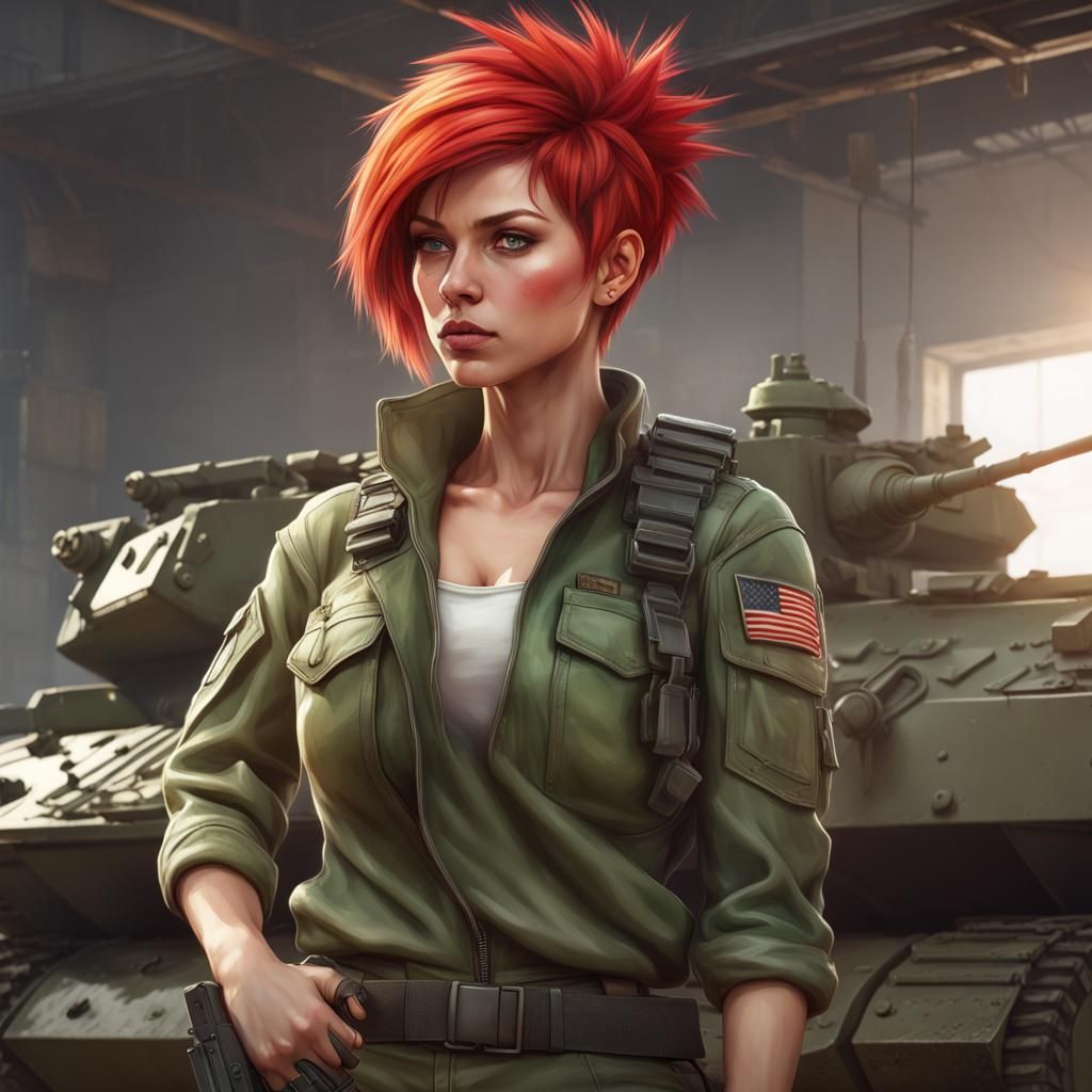 Female Soldier Portrait on Tank, Hyperdetailed Digital Art