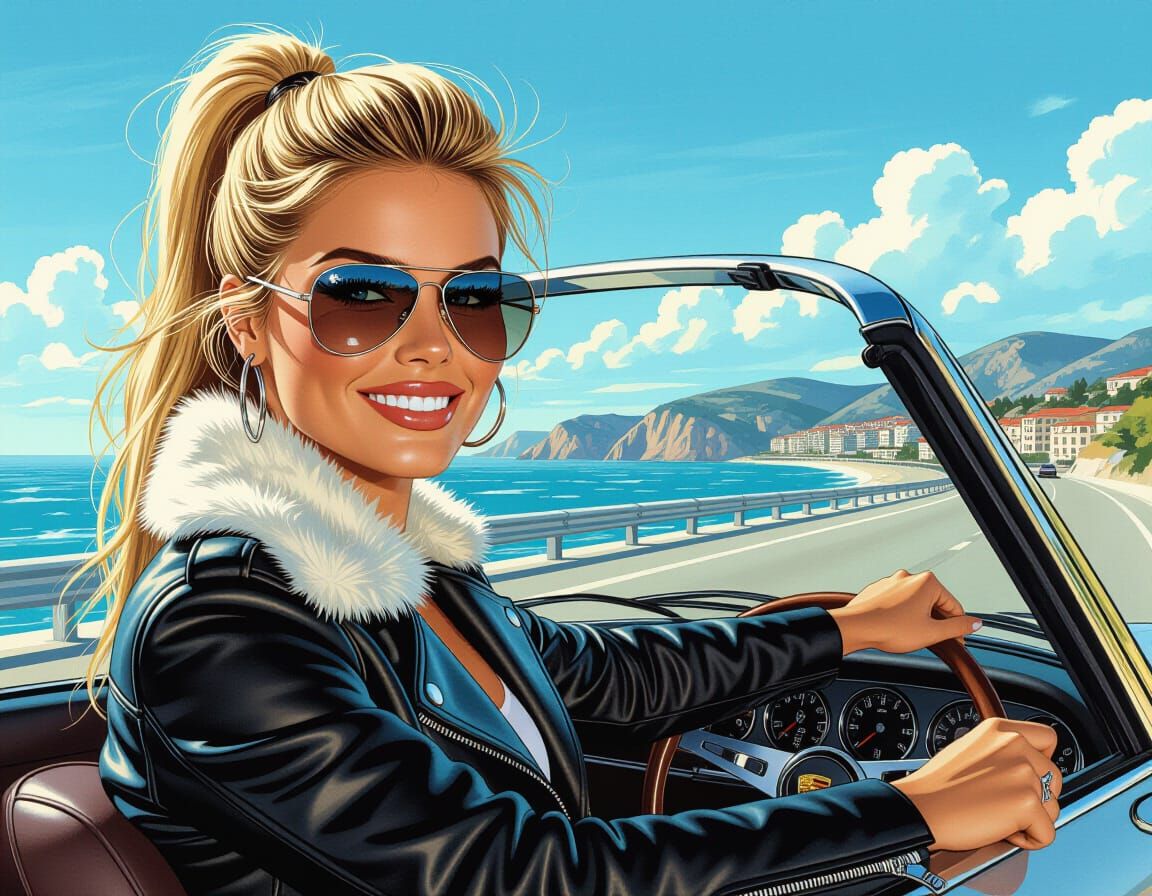 Fumetti Cover Art: Woman in Porsche on Coastal Highway