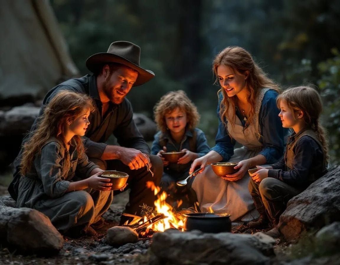 Pioneer Family's Heartwarming Evening Gathering in Warm Ligh...