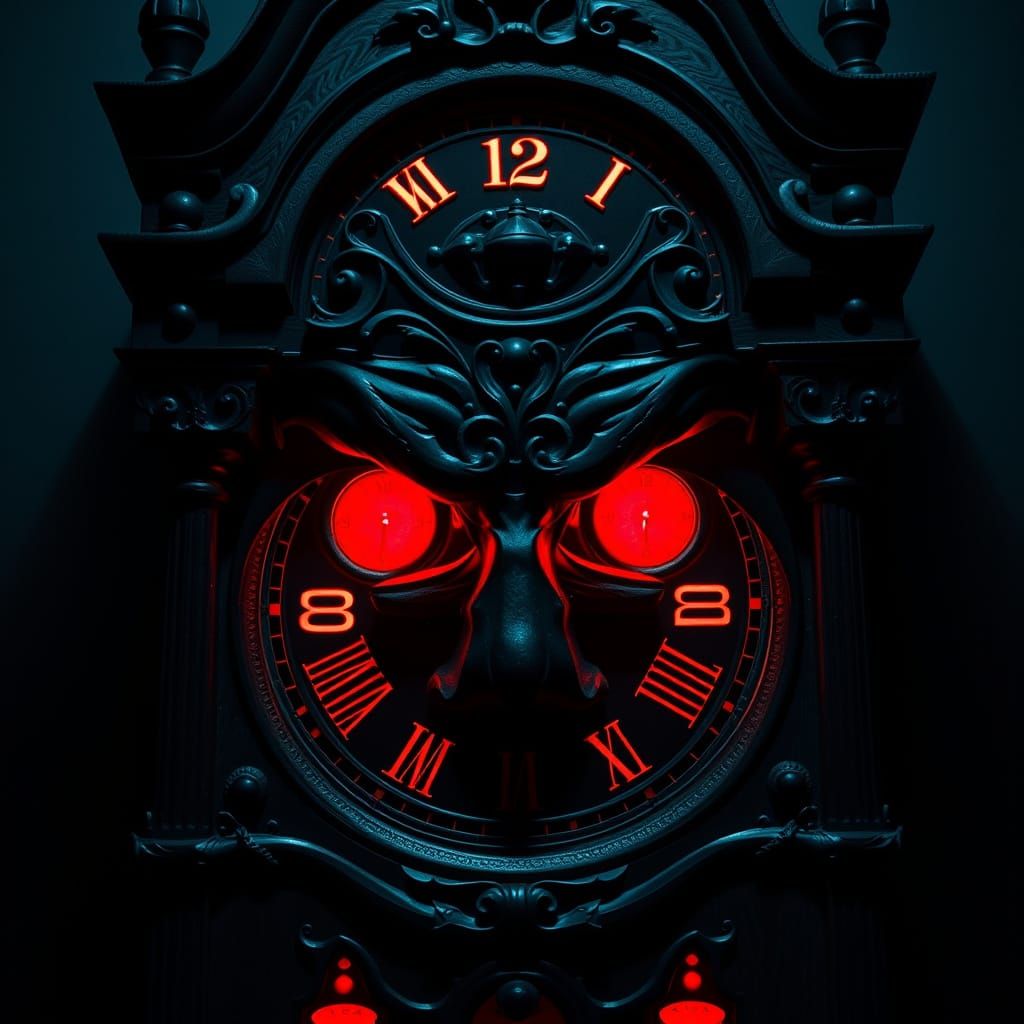 Sinister Grandfather Clock with Glowing Red Eyes