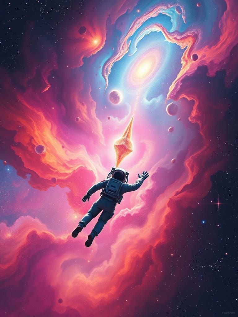 Astronaut Reaches for Galaxy Amidst Swirling Nebula