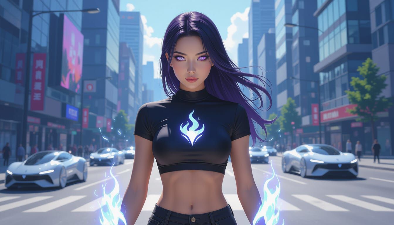 Athletic Woman with Violet Eyes and White Flames in Futurist...