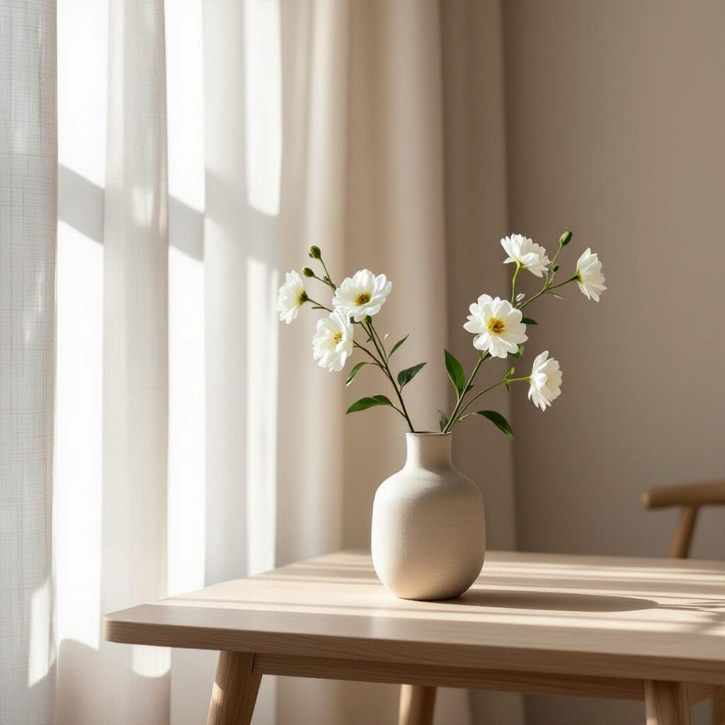 Serene Scandinavian Interior with White Flowers and Soft Lig...