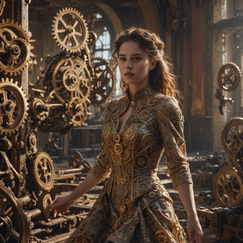 Woman in Clockwork Ballroom, Photorealistic Digital Art