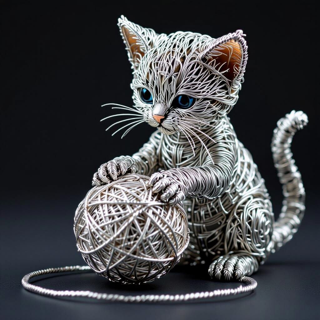 Silver Wire Sculpture of Kitten Playing with Yarn