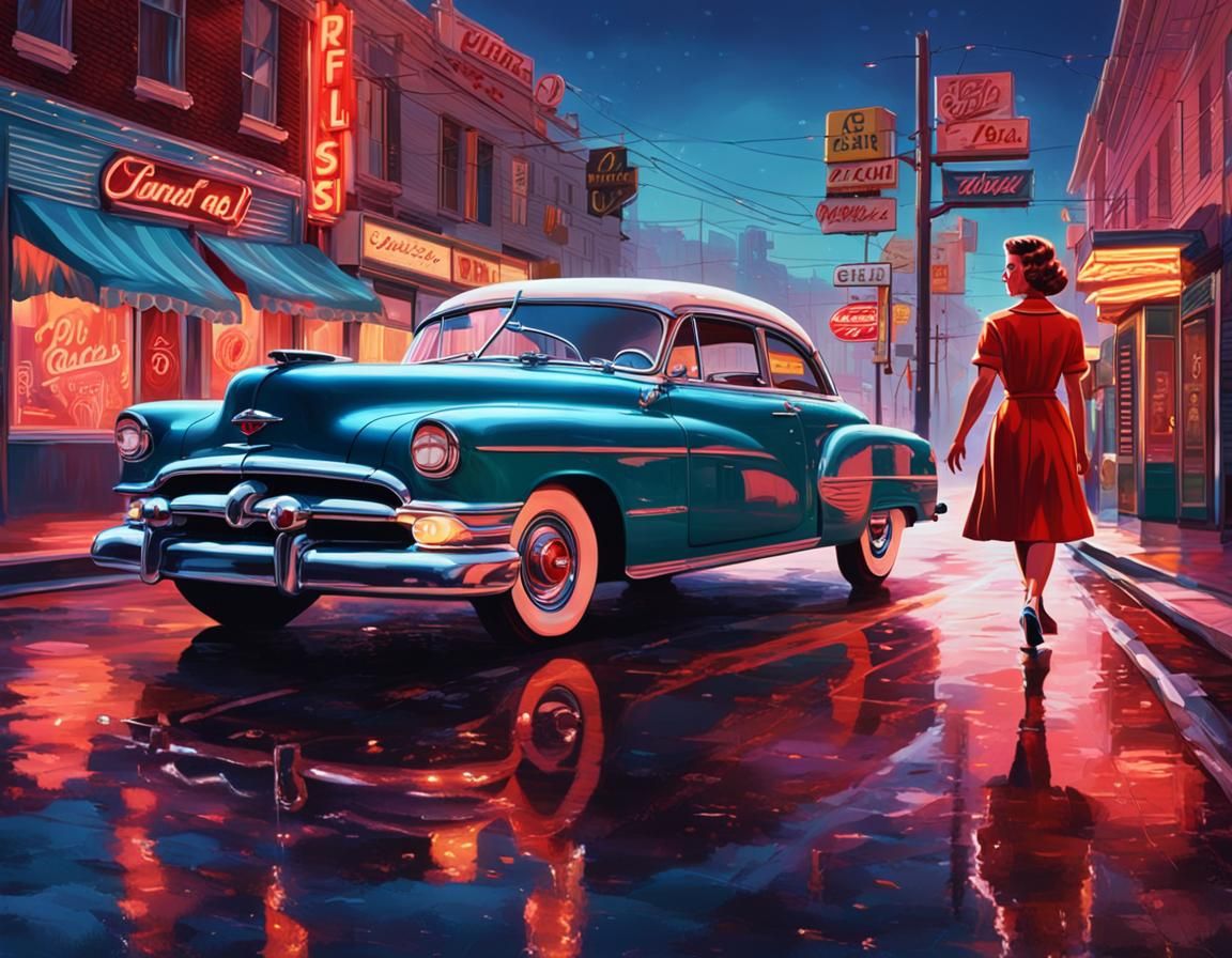 1950s Street Scene with Classic Cars