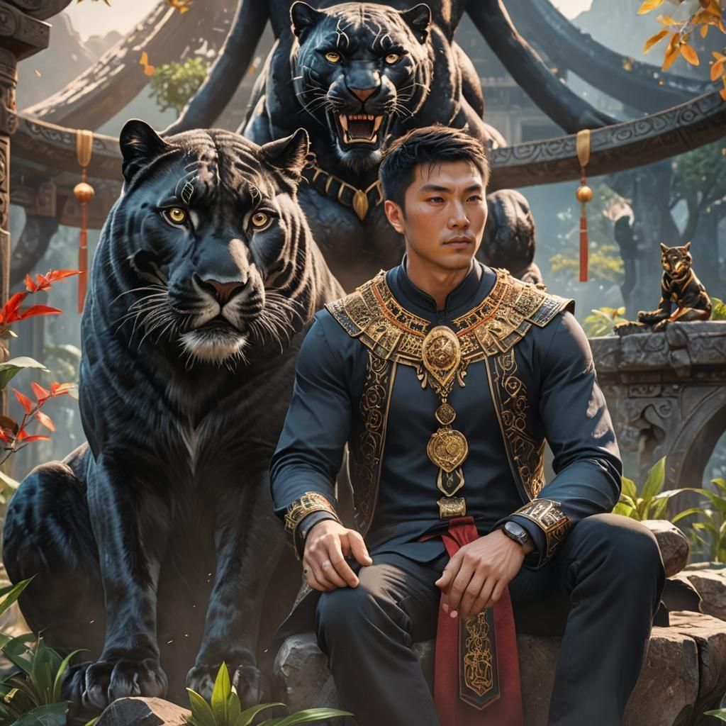 Chinese Man and Panther in Fantasy Art