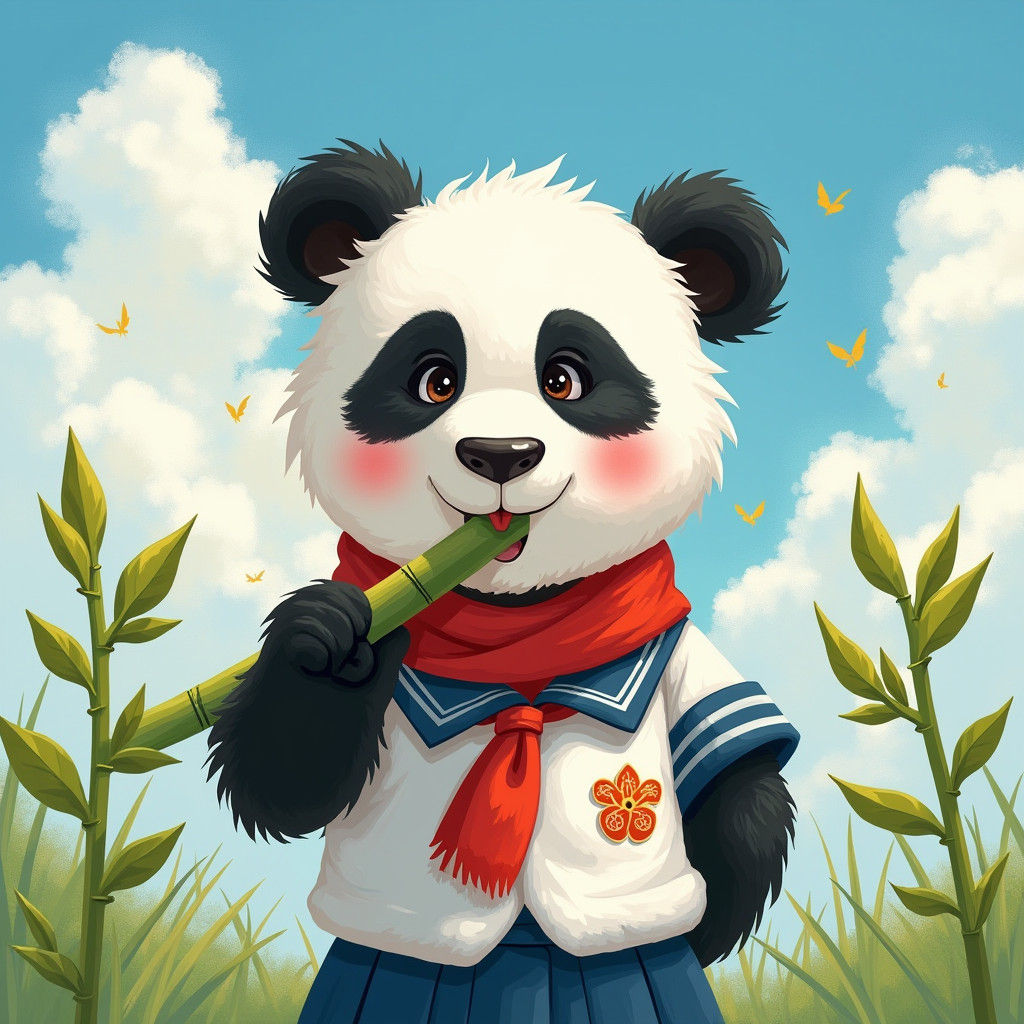 Playful Panda in School Uniform Munching Bamboo
