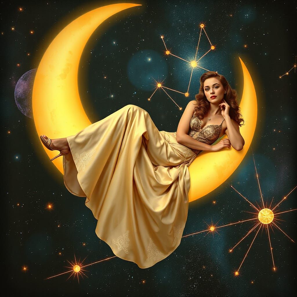 Celestial Pin-Up Girl on Crescent Moon