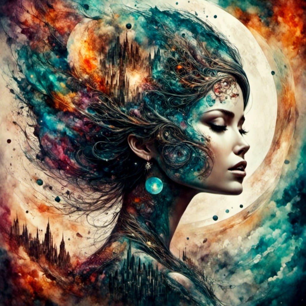 Cosmic Double Exposure Ink Art Portrait