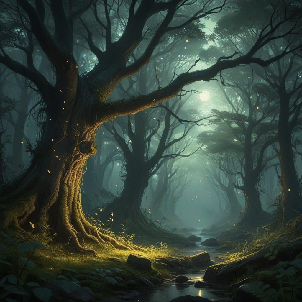 Magical Firefly Forest Canopy in Ethereal Moonlight