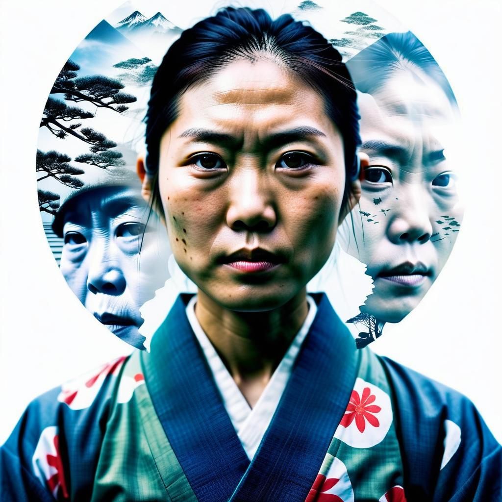 Resilient Japanese Woman: Surreal Double Exposure Portrait