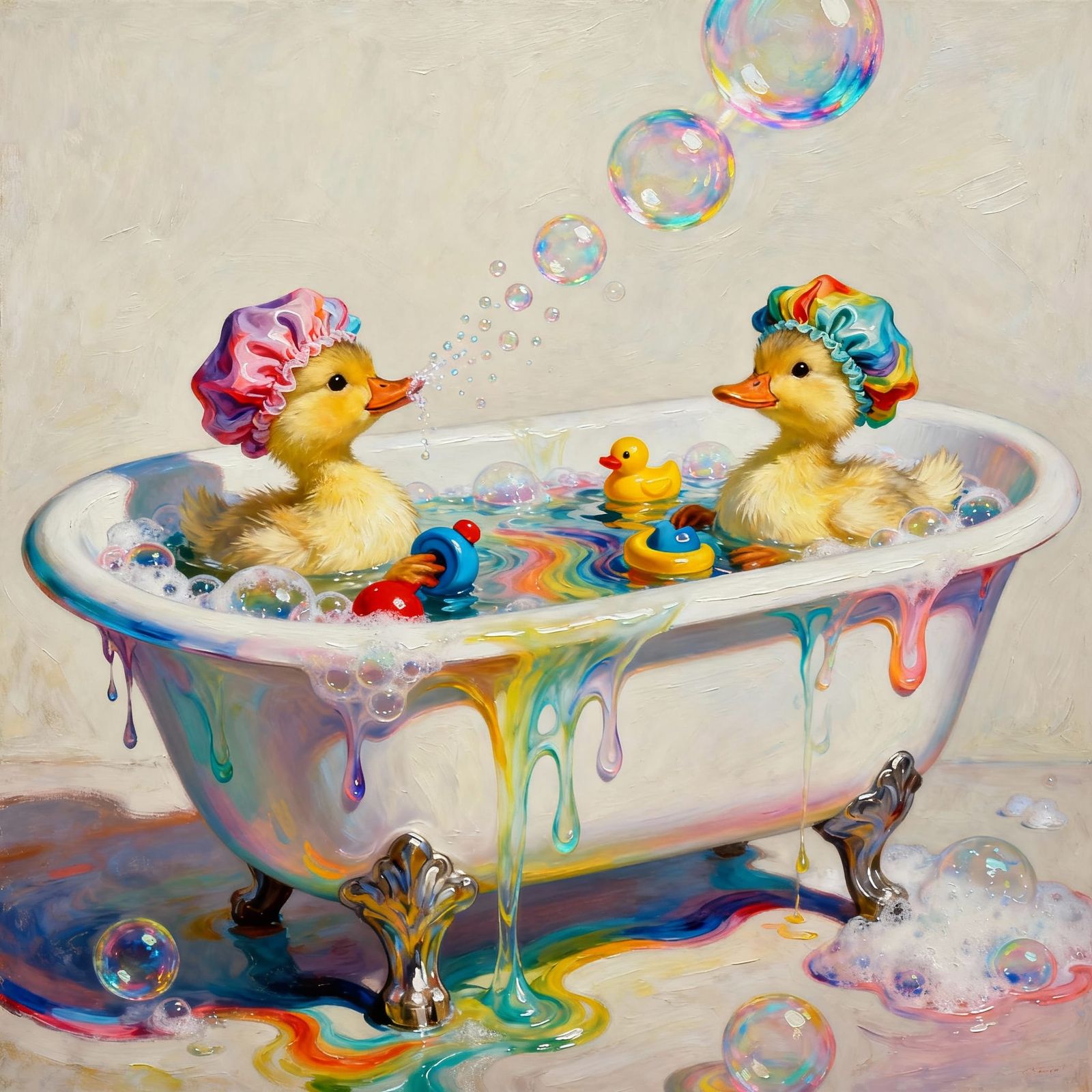 Ducks in Bathtub Surrealist Painting with Rainbow Bubbles