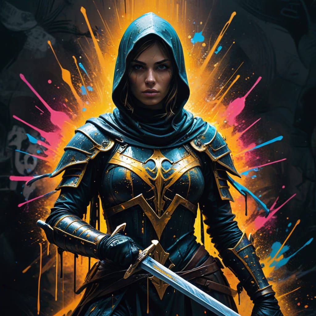 Lady Templar with Sword in Graffiti Art Style