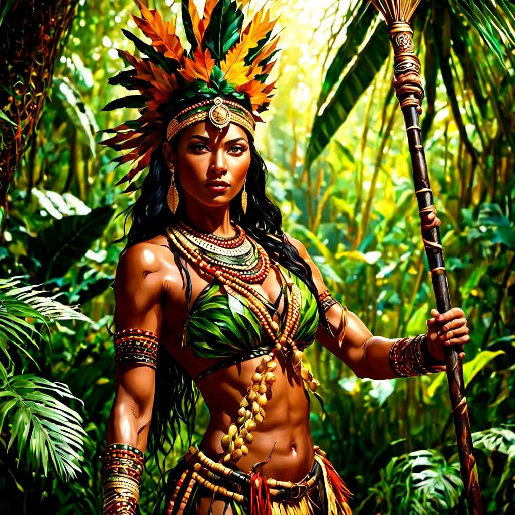 Amazonian Tribal Girl Hunting in Jungle: 3D Render