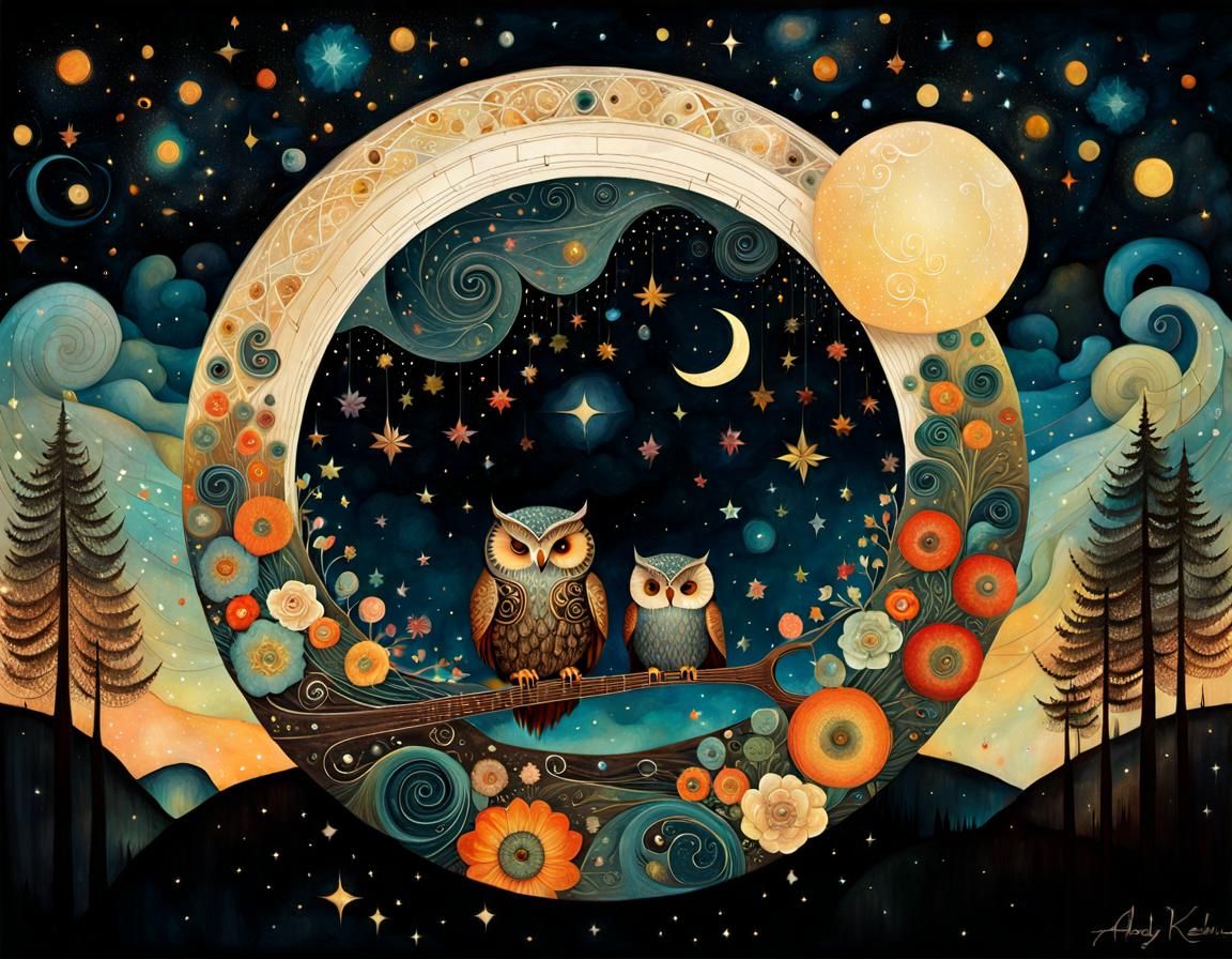 Whimsical Owl Guitarist in Folk Art Style