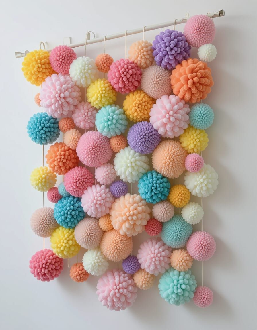 Pastel Pom Pom Wall Hanging in Modern Art Style