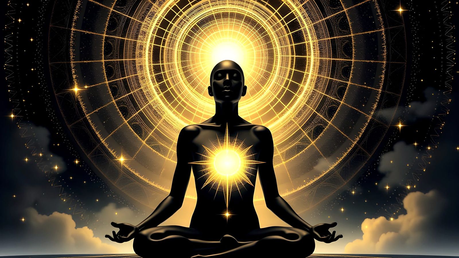 Meditating Figure with Sacred Geometry Halo