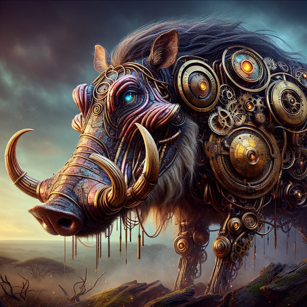 Mystical Warthog in Steampunk Savanna