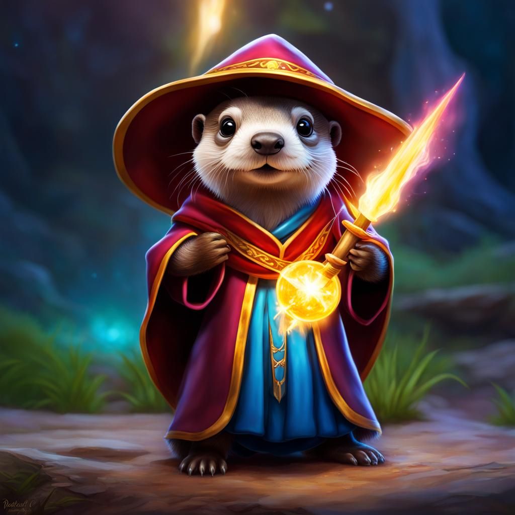 Enchanting Otter Cub Learning Magic, Digital Art