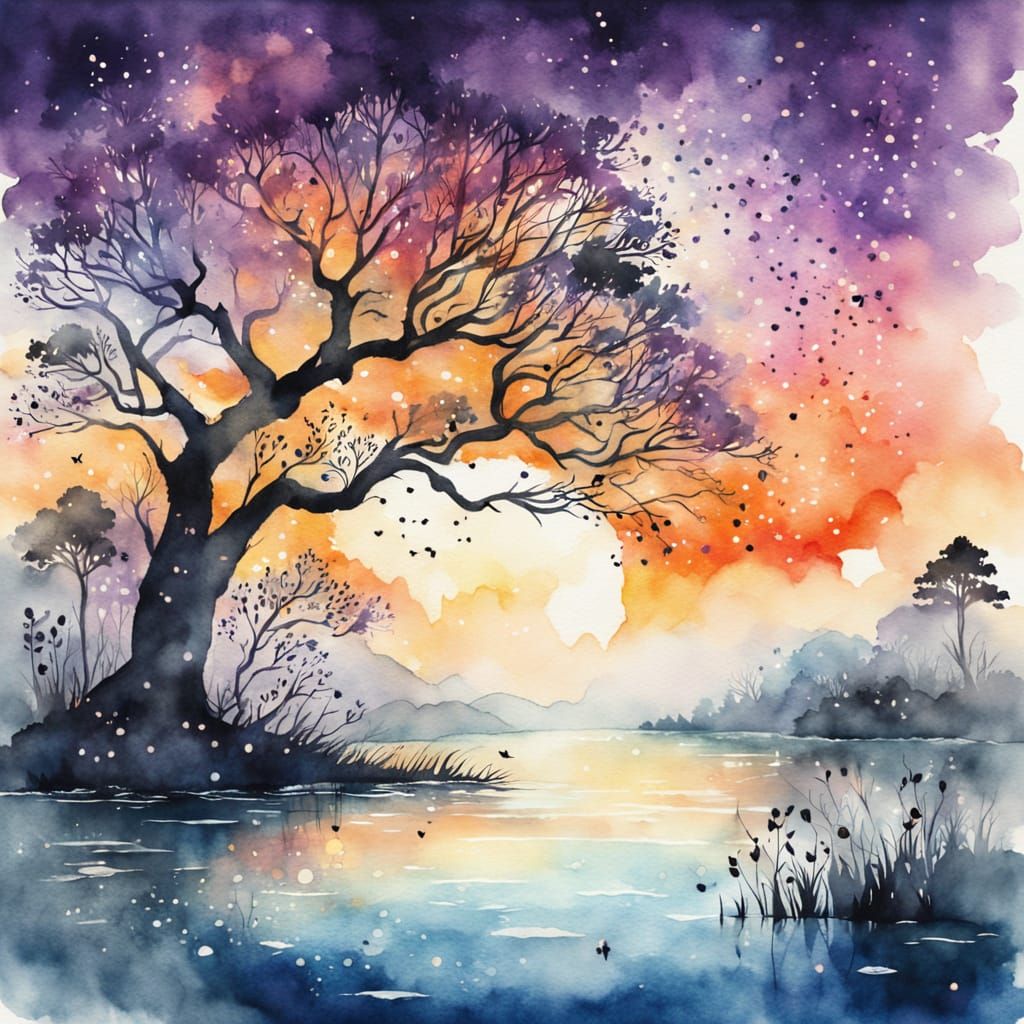 Whispers of Twilight: Ancient Tree in Japanese Watercolor Dr...
