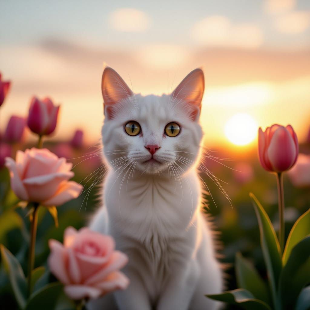 White Cat in Summer Sunset: Cinematic Still