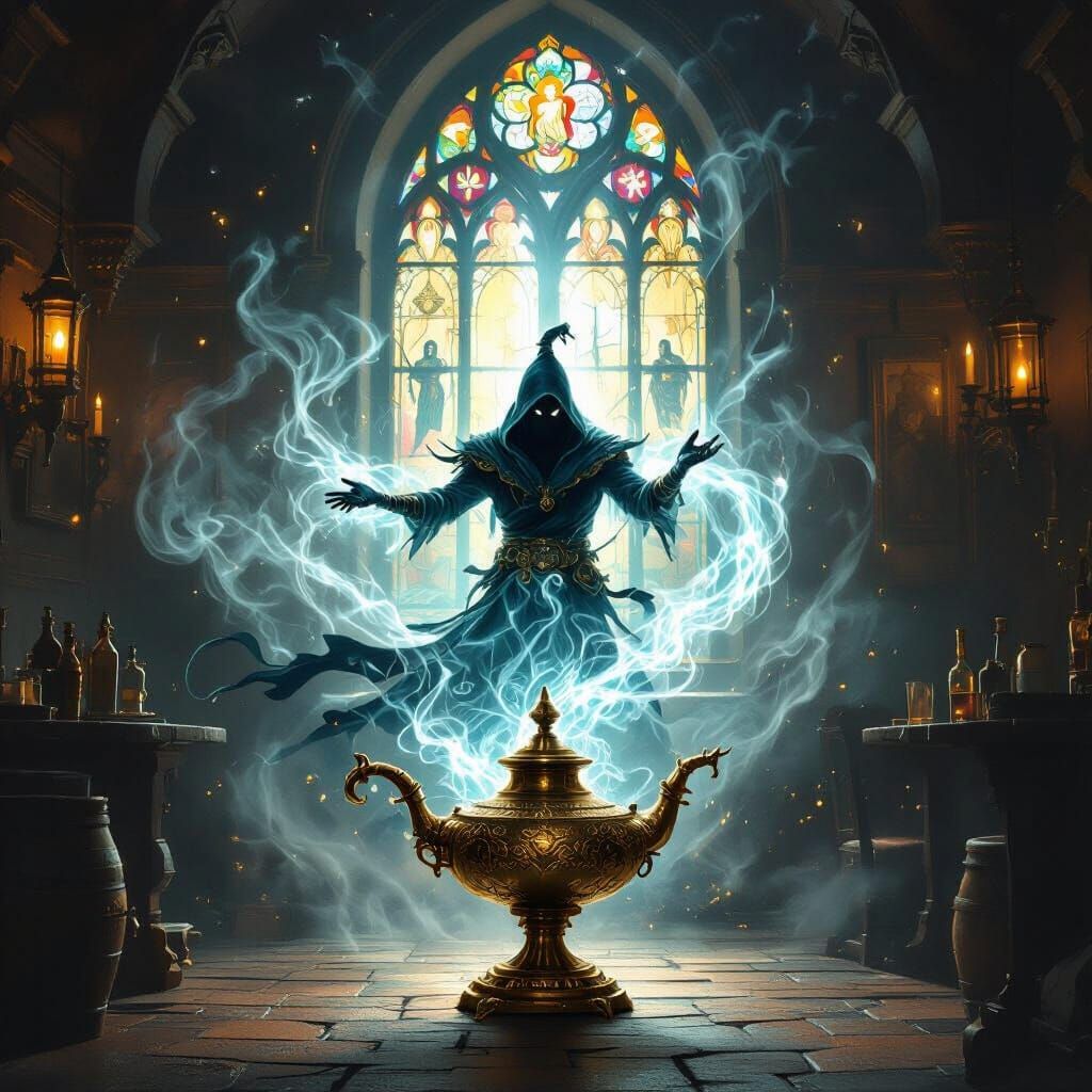 Genie Emerges from Ancient Lamp in Dark Tavern