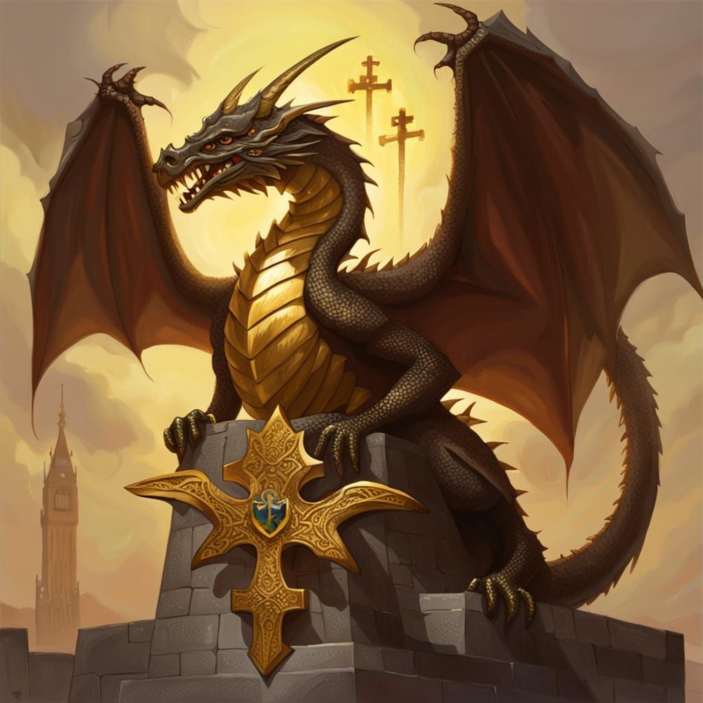 Sinister Dragon Biting a Gold Cross