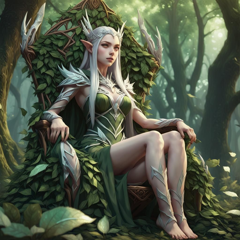 Beautiful Elven Queen on Leaf Throne: 3D Anime Art