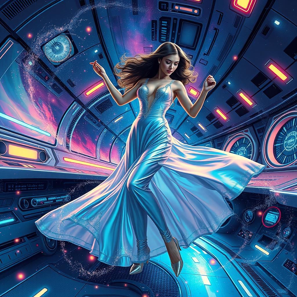 Futuristic Woman Dancing in Cosmic Spaceship