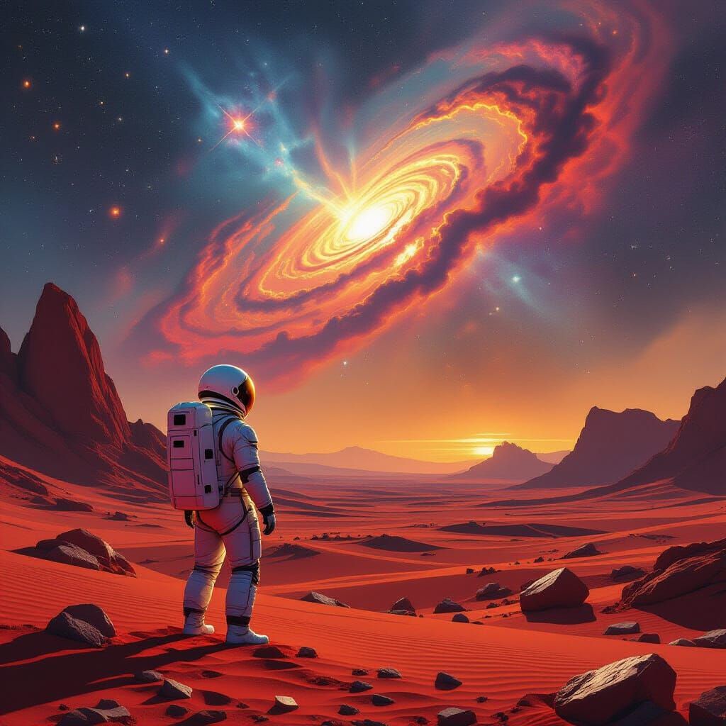 Astronaut Gazes at Nebula on Crimson Desert Planet