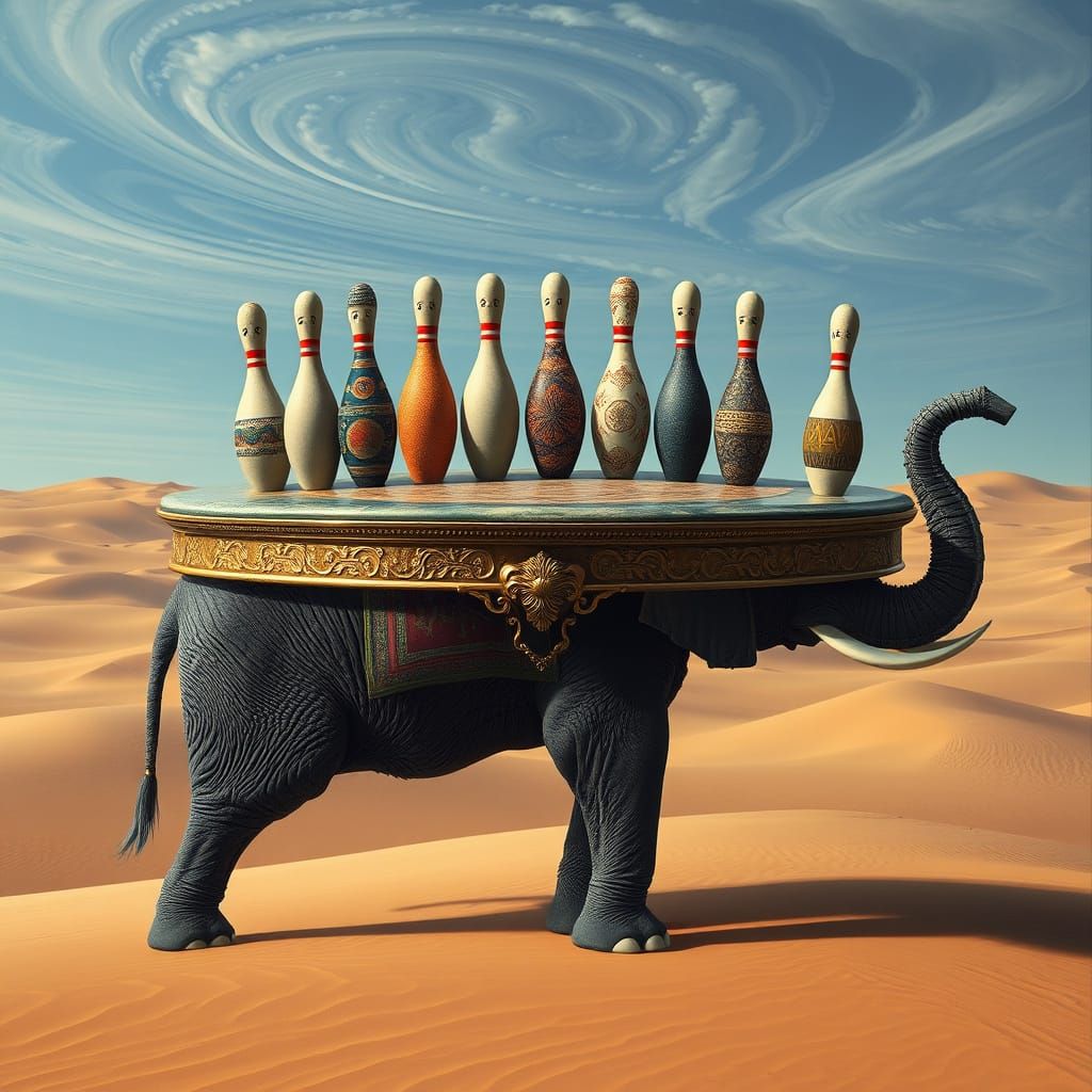 Surreal Bowling Pins on Elephant in Desert