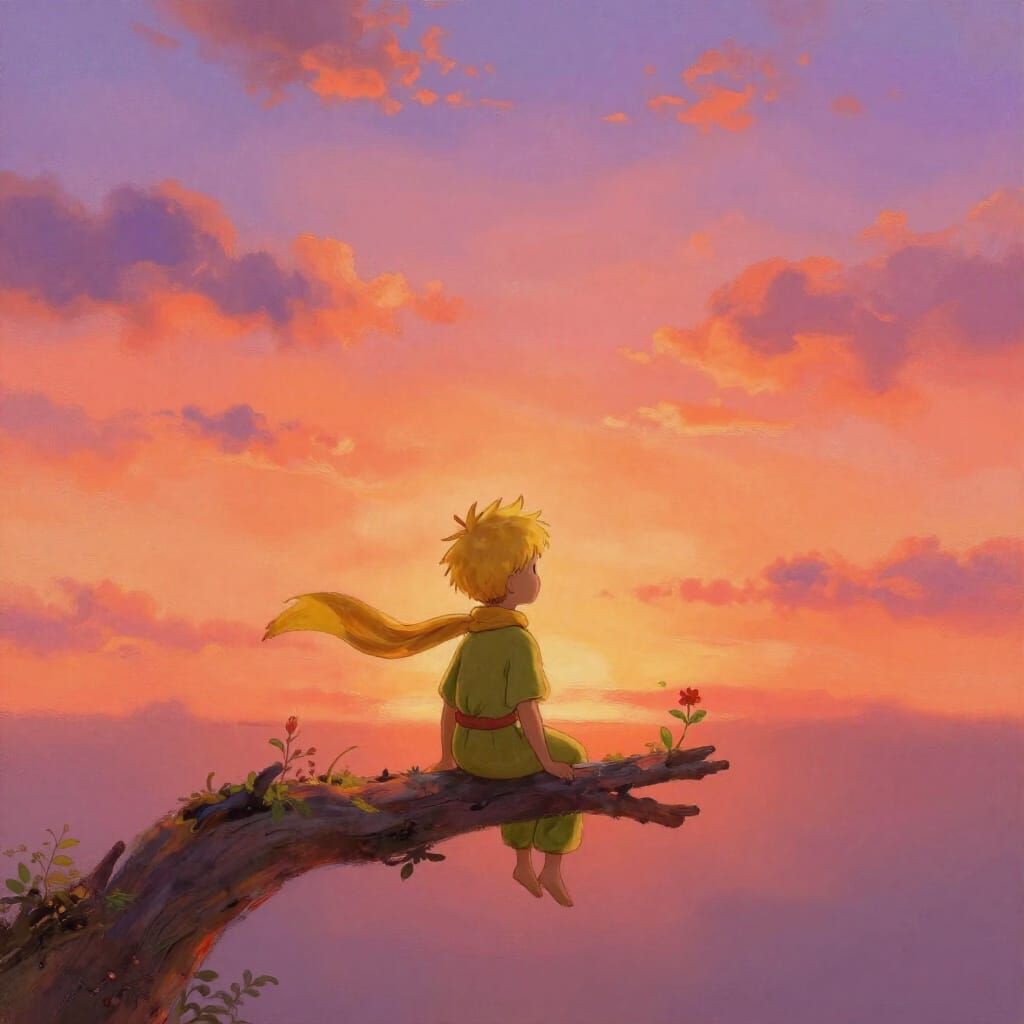 Le Petit Prince on Tree Branch at Sunset