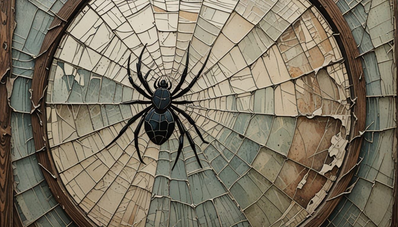 Cracked Mirror with Spider Web in Woodcut Watercolor Style