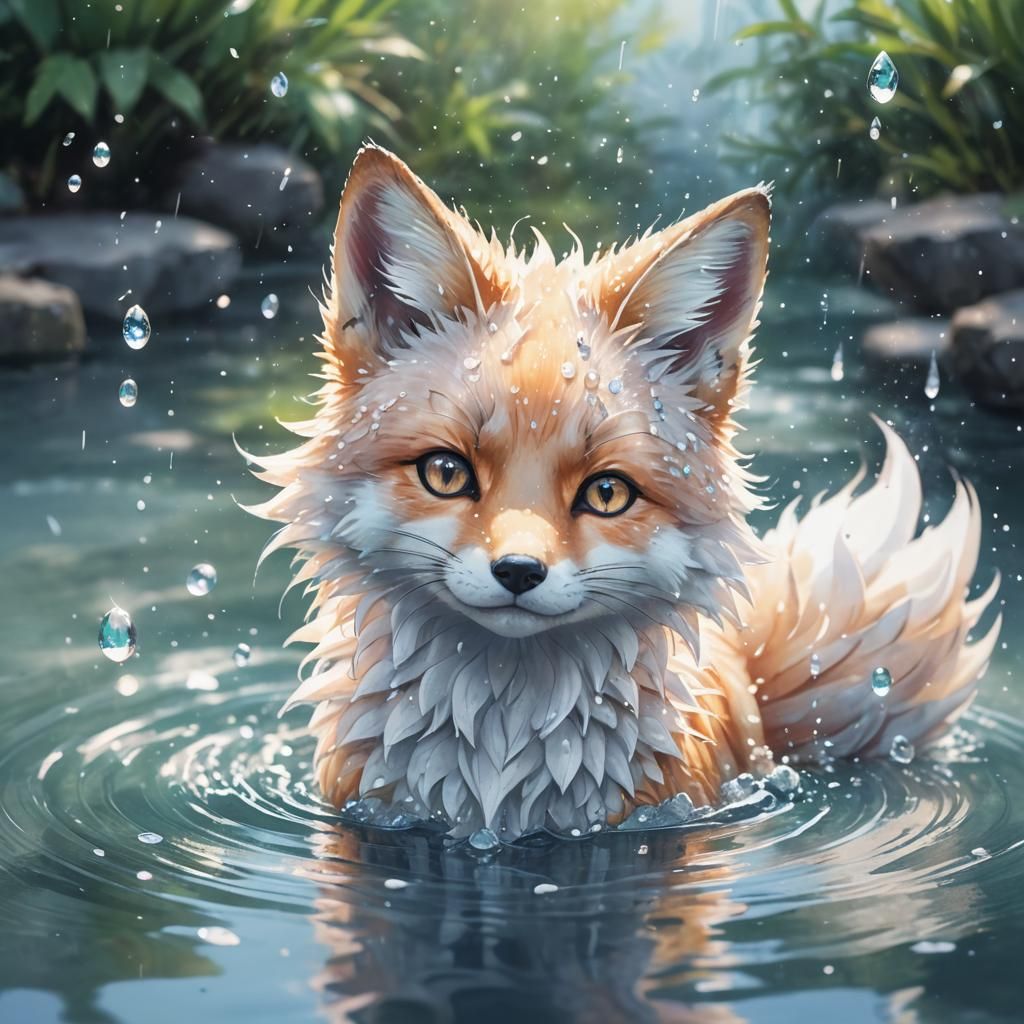 Anime Water Fox in Pastel Watercolor Style