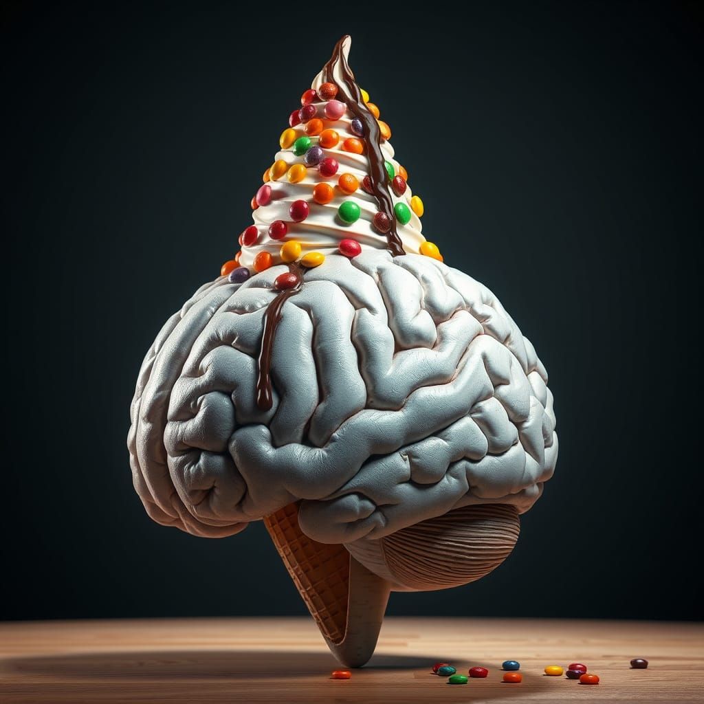 Hyperrealistic Brain Topped with Ice Cream Cone