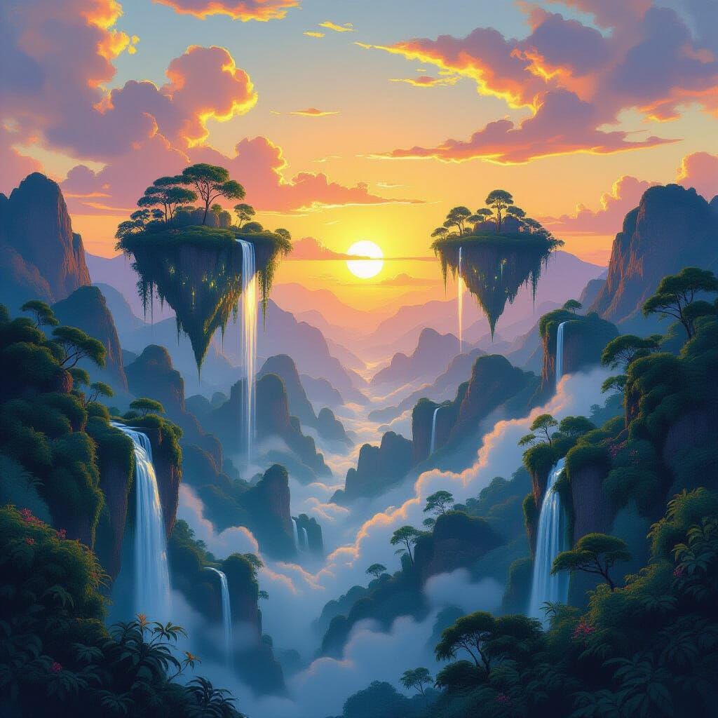 Ethereal Floating Islands Under Double Sunset