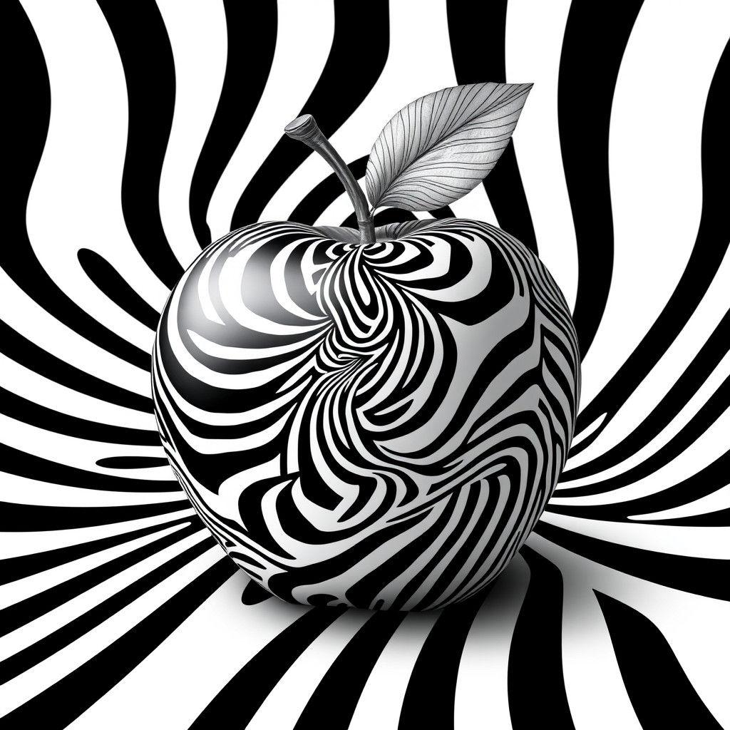 Style of Bridget Riley, black and white only, Op Art apple