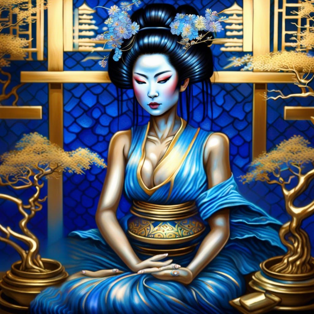 Geisha Meditation in Temple with Bonsai Trees