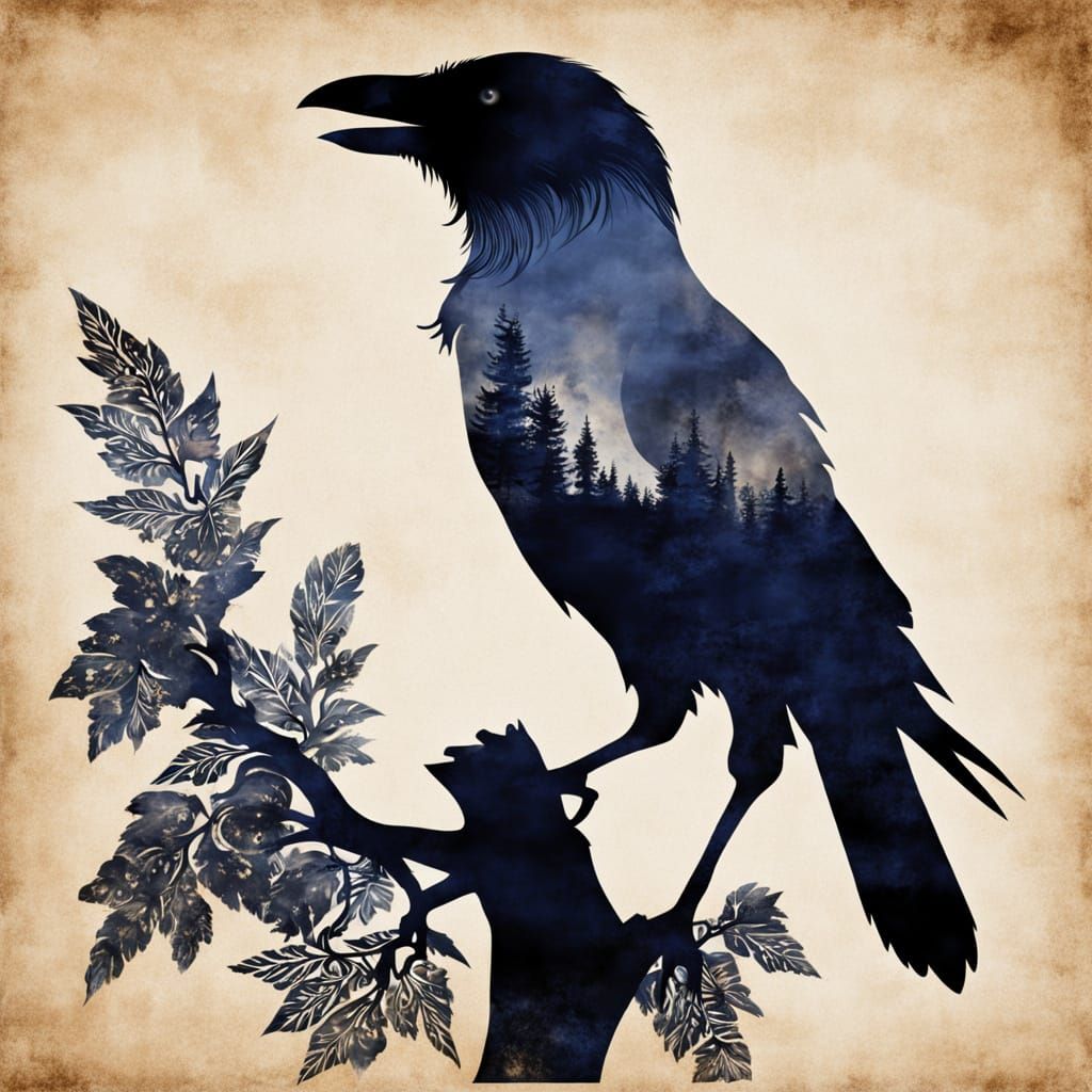 Midnight Raven Silhouette in Double Exposure
