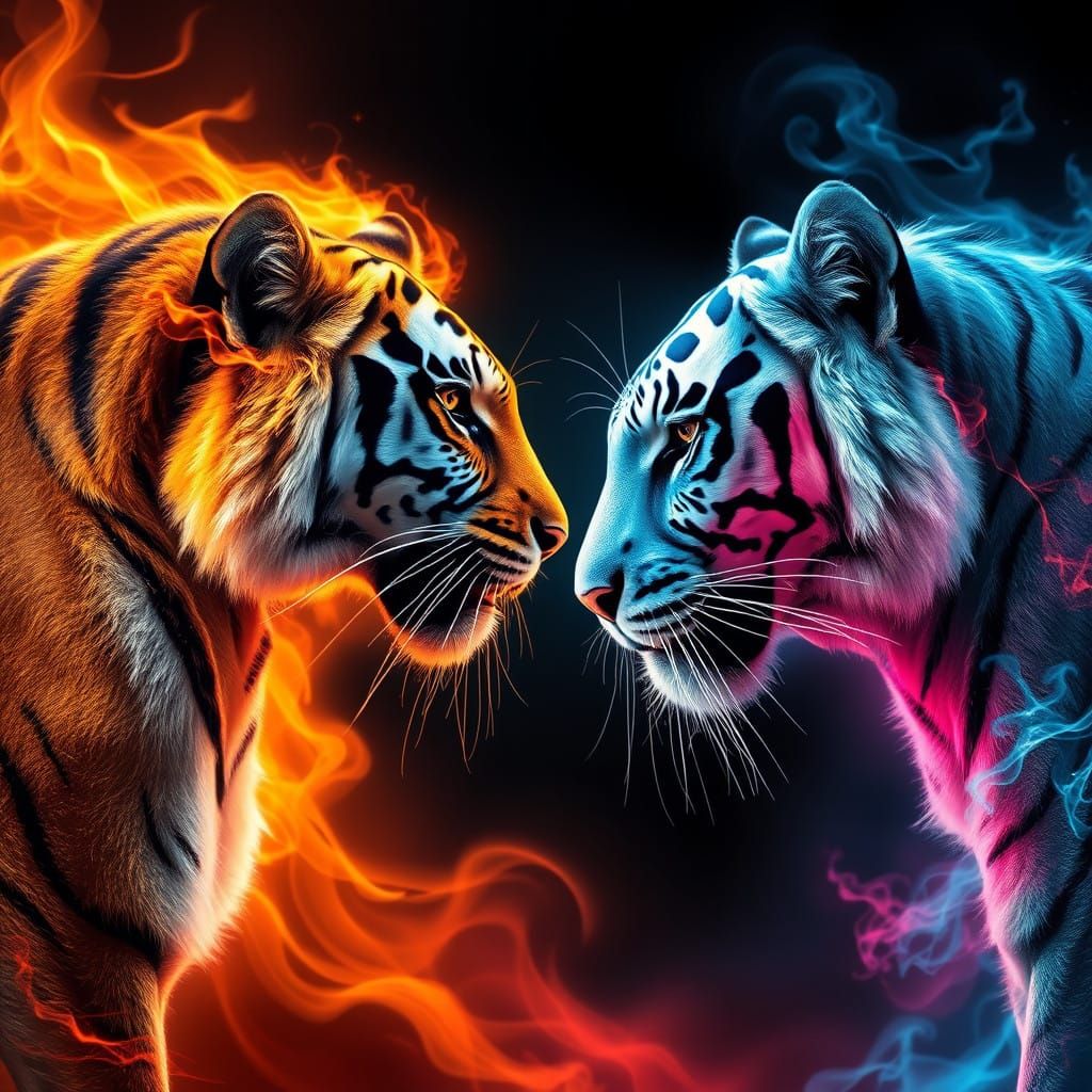 Fire and Ice Tigers Confrontation in Fantasy Realism
