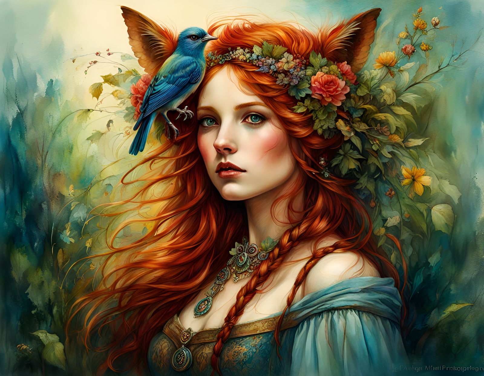 Renaissance-Style Watercolor Portrait of Redhead