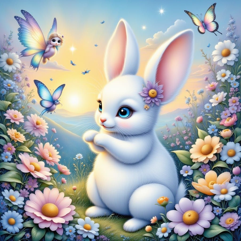White Rabbit in Fairy Meadow: Watercolor Impression