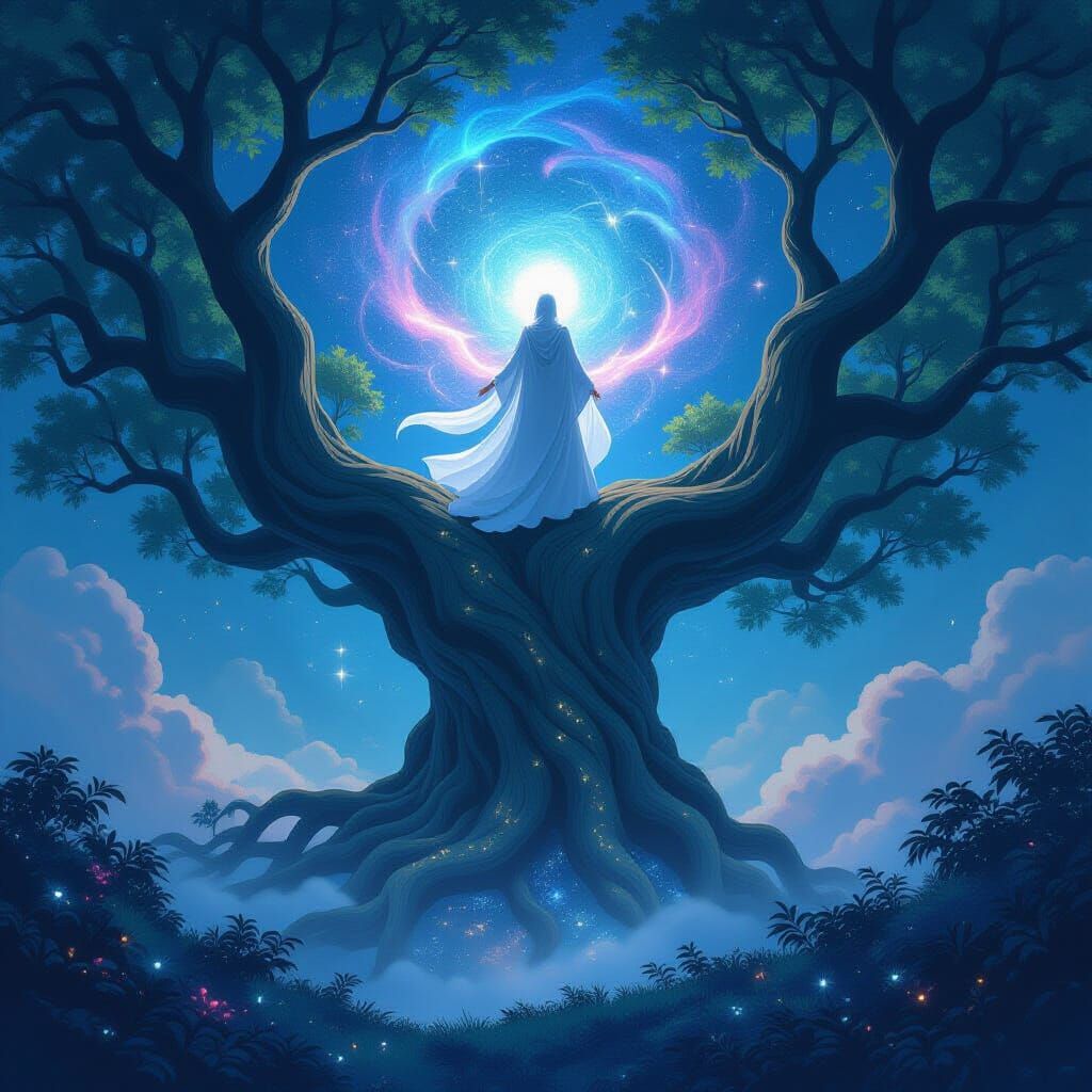 Celestial Guardian on Ancient Tree, Cosmic Wonder